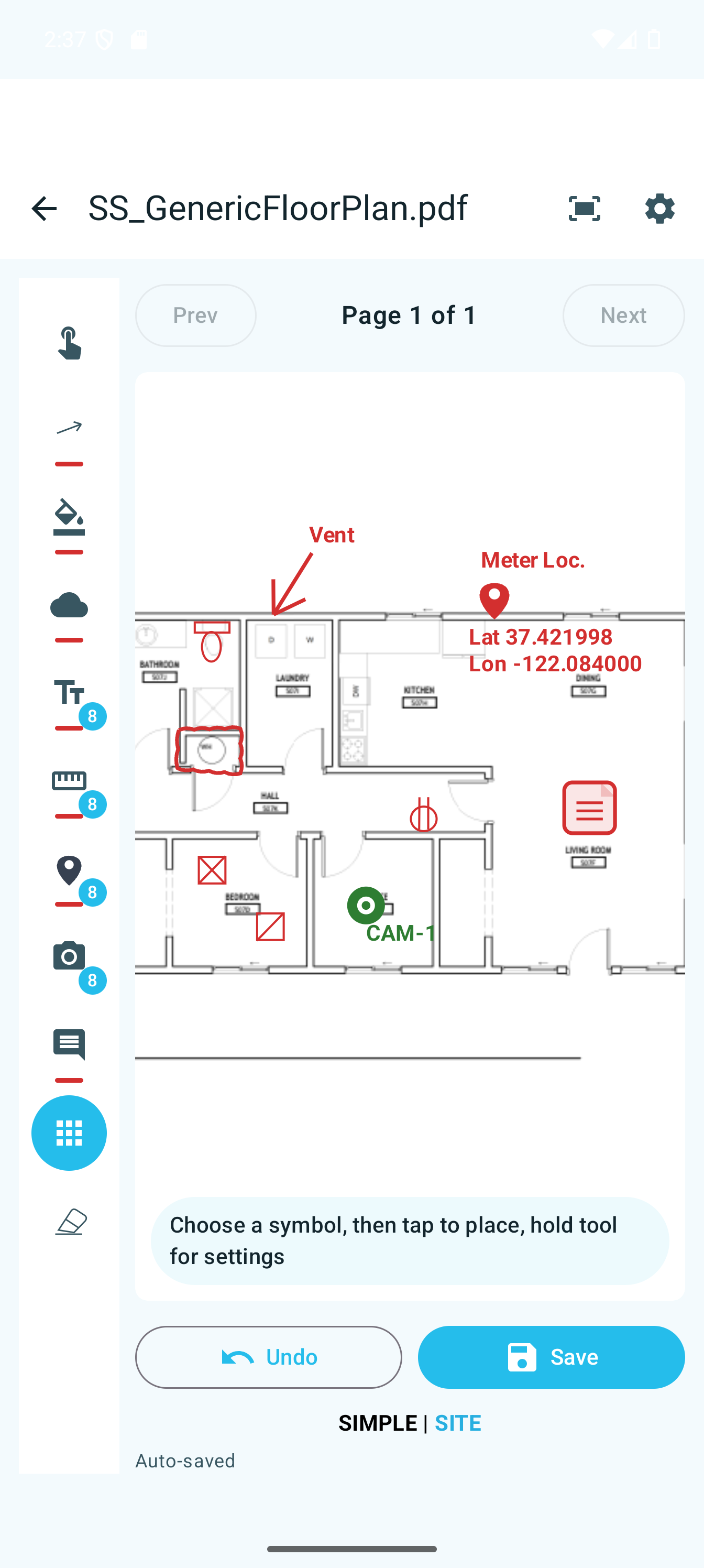 A marked-up floor plan open in the SimpleSite PDF editor
