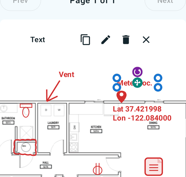 A selected text markup being moved across a SimpleSite floor plan