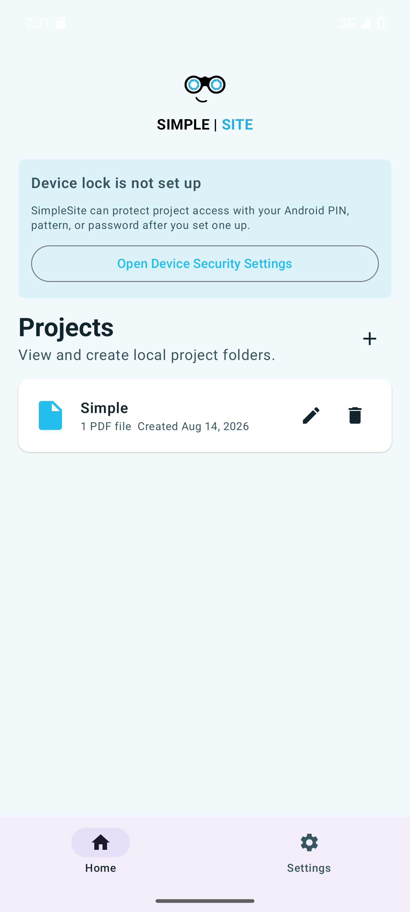 Projects screen in SimpleSite